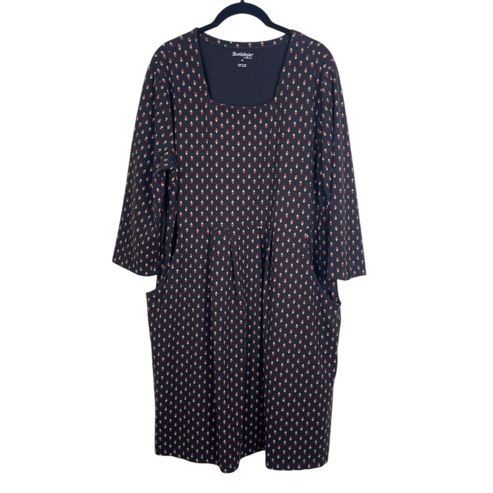 Northstyle 3/4 Sleeve Square Neck Midi Dress with Pockets Geometric Black Sz XL